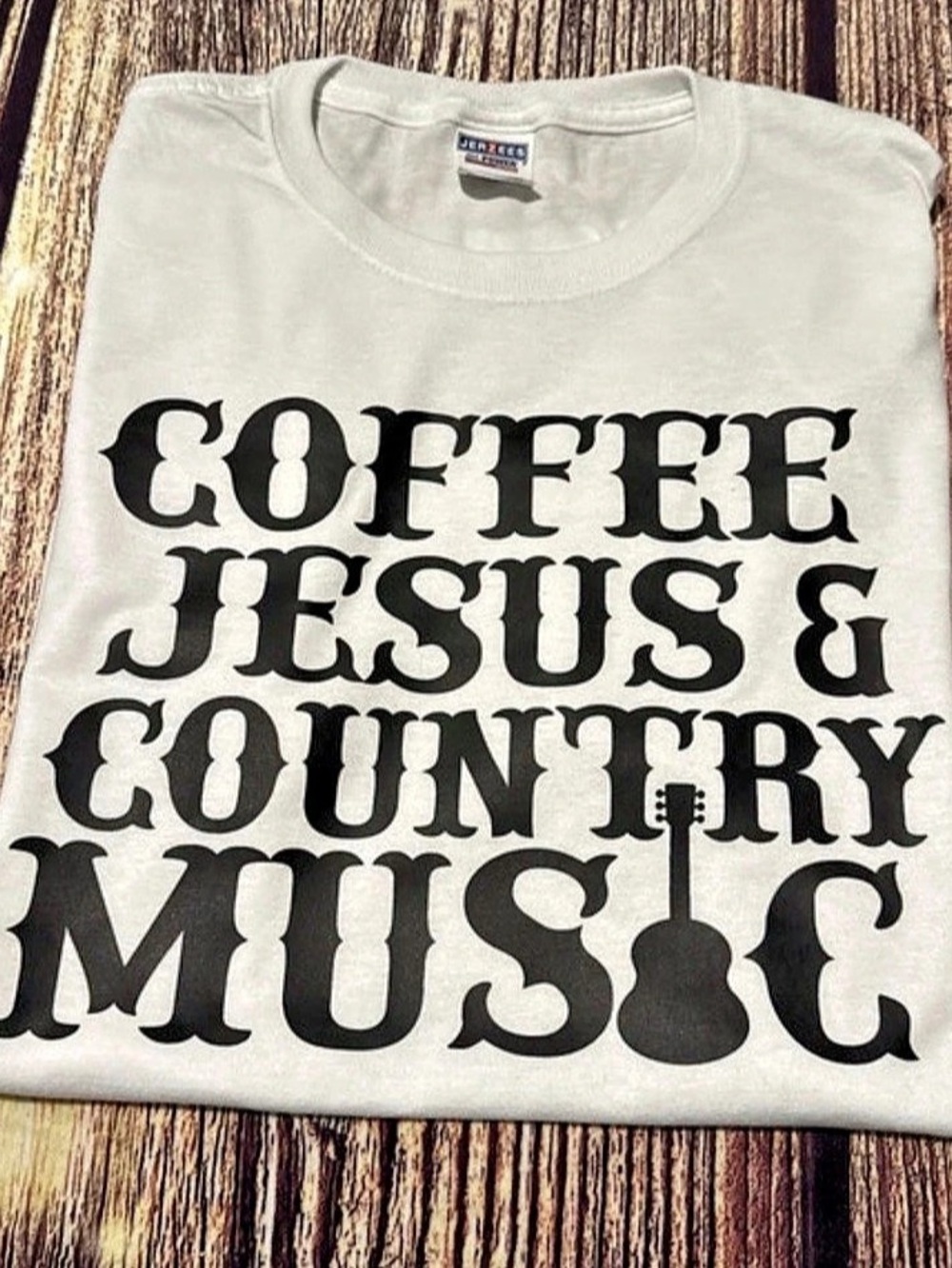 Jerzees Graphic Coffee Jesus Country Music Tee in White & Black